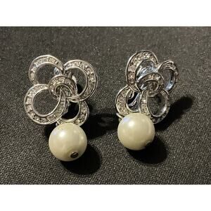 Artini Vintage Crystal Faux Pearl Screw Back Earrings Signed